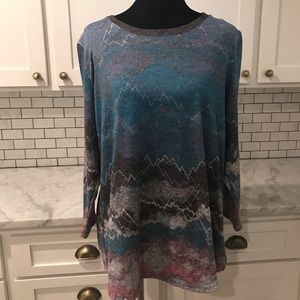 Ali Miles Abstract Printed Southwest Blue Gray 3/4 Sleeve Round Neck Top size XL